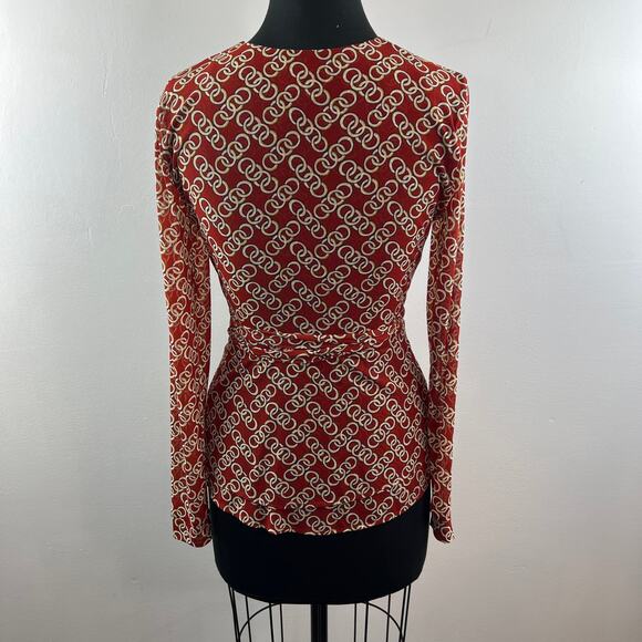 CABI Red White Top Stretch Signet Chain Ringleader Wrap Tie Plunge Neck Size XS - Picture 8 of 12